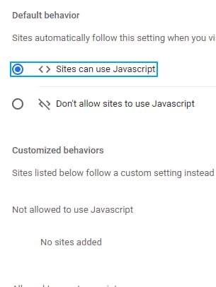 Sites can use JavaScript is highlighted in the Default behavior section.