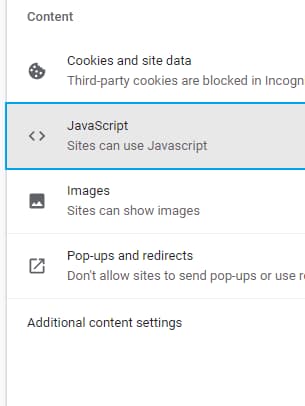 JavaScript button is highlighted in the Content section.