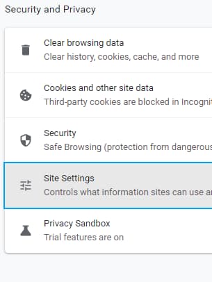 Site Settings button is highlighted in the Security and Privacy section.